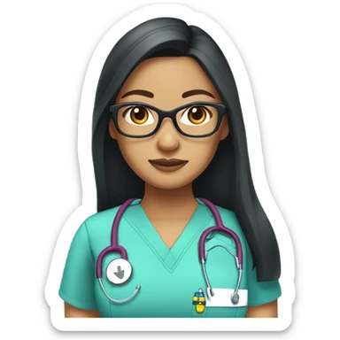filipina nurse with long straight black hair and tan skin and clear glasses in scrubs sticker