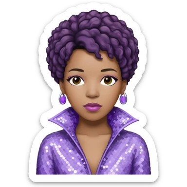 Macy Gray with dark brown hair, pale lavender sequin outfit sticker