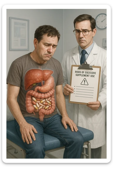 a man sits on a doctor’s examination table, looking fatigued and uncomfortable. A transparent anatomical overlay reveals his liver and intestines, both appearing inflamed and congested, with stylized supplement capsules and pills scattered throughout the digestive tract. The doctor stands nearby, holding a chart that highlights the risks of excessive supplement use. The mood is clinical and educational. in italiano iperrealistica sticker