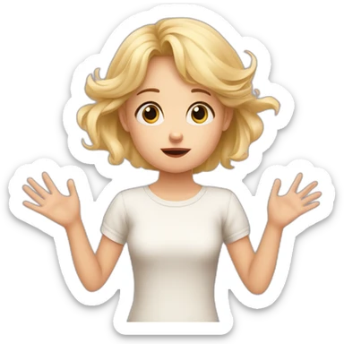 It was not me, I am innocent. Portrait of confused nervous little blond girl raising palms up in surrender and staring sticker