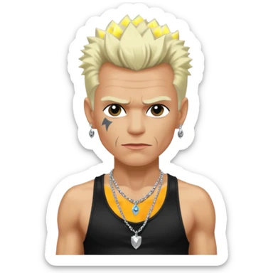 Billy Idol with platinum blonde hair, black sequin baggy pants, shirtless with necklace sticker