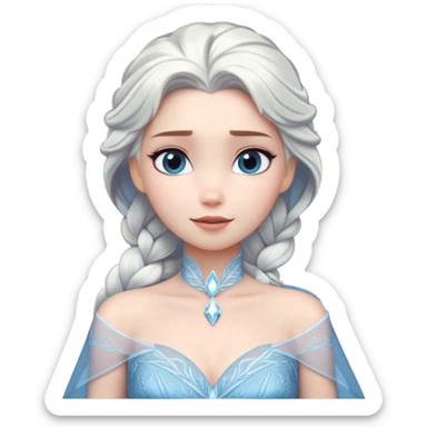 Cinematic Timeless Snow Queen Portrait Emoji, rendered in a clean, vector style. Depict Elsa with icy pale skin, intricately styled platinum hair, and a serene, regal expression, dressed in a minimalist ice-blue gown. The design features bold, simplified shapes, a soft, drowsy crystalline glow, and a subtle glowing outline, capturing the essence of timeless, majestic winter beauty. sticker