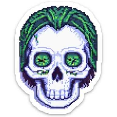 pixel art style skull with emo hair and sad eyes sticker