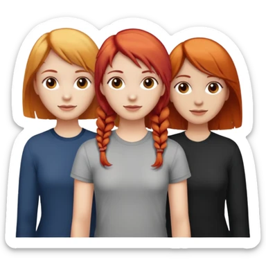 Can you create an image of 3 friends together one with red bright hair light skin one the other with brown hair with some blonde highlights in the hair fair skin the last one with light brown a tint of orange hair and Brown hair sticker