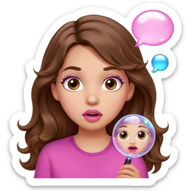 girl with long wavy brown hair, brown eyes, light to medium complexion, in a pink shirt, pink lips, long lashes, surprised, wow bubble sticker