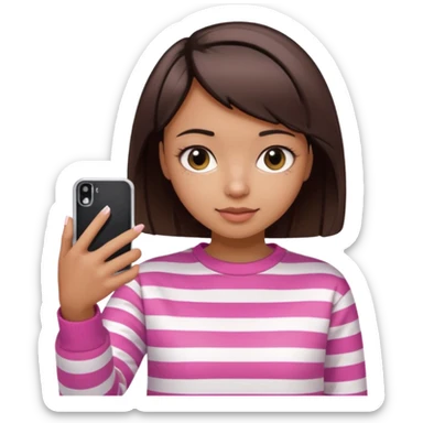 Emoji of a cute 3D girl with short dark brown bob hairstyle, wearing a pink and white striped sweatshirt. She is holding a phone and taking a selfie, white background.

 sticker