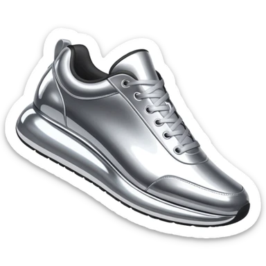 A pair of futuristic sneakers emoji made of silver chrome, sleek streetwear design, smooth metallic panels, subtle reflections, luxury swag aesthetic, iOS emoji style, centered, clean white background sticker