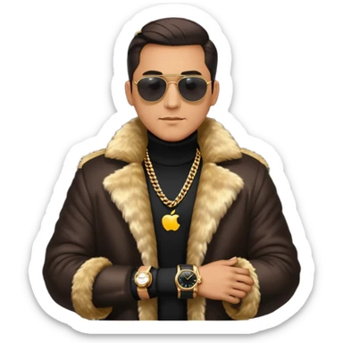 bearded man with slicked back hair, wearing dark sunglasses, a luxurious fur coat over a black turtleneck, gold chains and a watch, minimalist flat design, glossy Apple emoji style, simple facial features, centered full-body icon on white background sticker