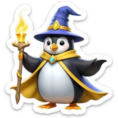 A wizard penguin with a yellow hat and a long, flowing cape. The penguin is floating slightly above the ground, surrounded by swirling magical energy and glowing runes in the airyellow wizard hat sticker