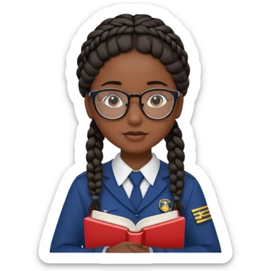 Girl student wearing uniform, glasses, hold book in front of their chest, black braided hair, dark skin sticker