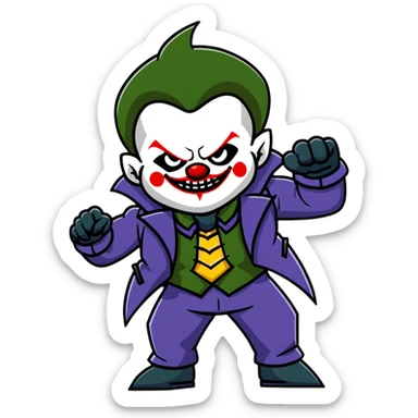 evil clown warrior, bald, small black horns on forehead, fangs, pointed ears, eye patch over one eye, long coat over black and military green leisure suit with bellbottom pants, realistically proportioned, less bulky, full body visible, battle-ready fighting posture sticker