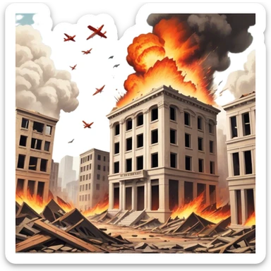 A vintage movie poster-style design with a dramatic scene of a natural disaster like an earthquake, tornado, or tsunami. Include crumbling buildings, flying debris, and fiery explosions. The background should be chaotic, with a cinematic, apocalyptic vibe. Transparent background. sticker