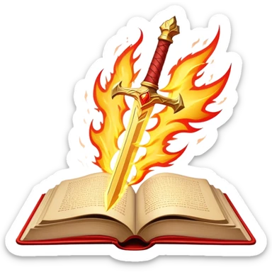 A fiery red book with golden details, a textured, leather-like cover, a flaming sword, or a lightning bolt, radiating power, resilience, and the fire of transformation-- the inner strength book sticker