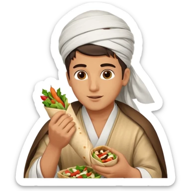 young Lebanese male in traditional arabic outfit eating sharwama sticker