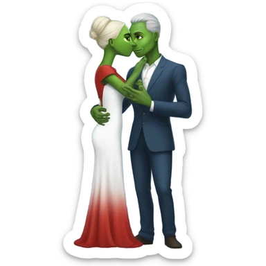 Beatiful tall green skin female reptilian in red dress, kissing white man in blue dress, full figure, full body sticker