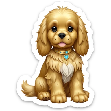 cinematic-[cocker spaniel dog]-realistic-full-body-sitting-emoji,-tail-resting-loosely-beside-its-paws,-head-tilted-dramatically,-scruffy-[solid gold]-fur,-simplified-yet-realistic-focused-features,-highly-detailed,-glowing-with-an-almost-sarcastic-glow sticker