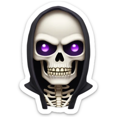 A skeleton in a black hood, purple eyes, angry sticker