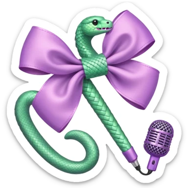 A pastel pink bow with a pastel green snake on the top of one side and a pastel purple microphone on the bottom of the other side sticker
