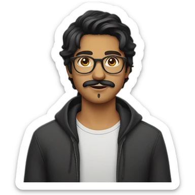 Indian teenager, with moustache and a goatee, with long wavy black hair, wearing glasses sticker