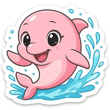 Resize to 128x128 pixels. Pink dolphin enjoying swimming with water effects and a big smile. Keep background transparent. Render in anime style. sticker