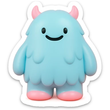 fluffy monster with long fur, tiny horns, cheerful expression, light blue and pink colors sticker