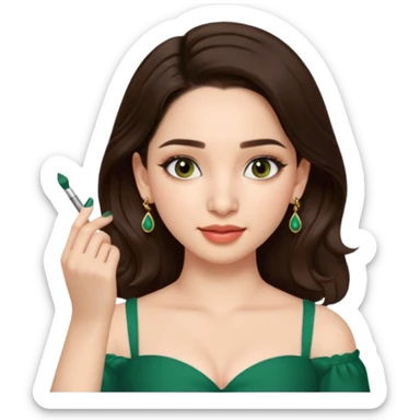 pretty bratz genmoji that looks like tamannah bhatia (bollywood actress), wearing a dark green sweetheart neckline top, dark brown hair, light makeup, no necklace, dangly earrings, side hair part, fair. dark brown eyes


Show her applying something on her face with a finger sticker