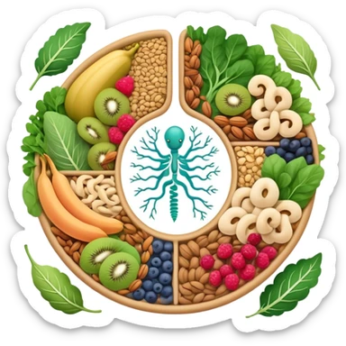 Whole grains, beans, lentils, colorful fruits, leafy greens, and small nuts surrounding an ethereal digestive system with visible intestinal tract. Gentle cleansing light flows through the intestines like a magical river, showing fiber's purifying effect. sticker