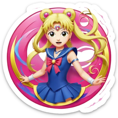 Icon for Anime: vibrant, dynamic scene with characters of Bishoujo Senshi Sailor Moon in action, featuring exaggerated expressions and colorful backgrounds. The design should reflect the distinct, energetic style of anime, with iconic eyes and unique visual elements. Transparent background. sticker