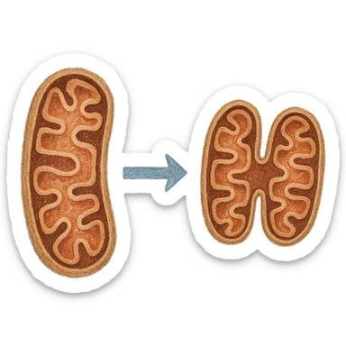 realistic colored drawing of mitochondrial biogenesis step 3: division of the mitochondrion into two, visible texture on white paper, isolated on white background sticker