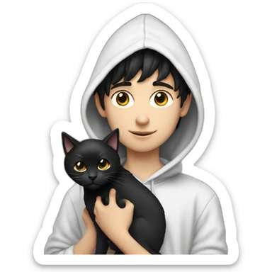 black haired and white skin boy who wears hoodie holds a black cat sticker