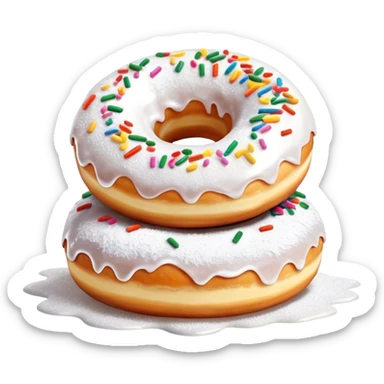 Cinematic fluffy donuts, perfectly golden and dusted with powdered sugar, vibrant icing with sprinkles, stacked in a playful arrangement, soft glowing highlights, warm and inviting. sticker