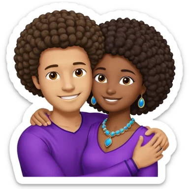 Tan male with short straight, light wavy hair, smiling and hugging a darkblack African  girl with Afro in purple clothes with blue jewelry sticker