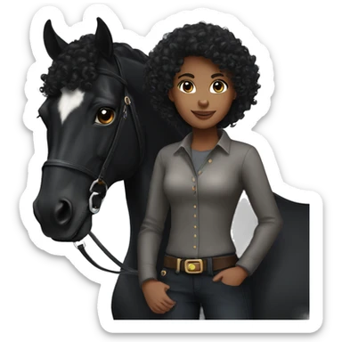 Black curly hair equestrian girl with brown eyes standing next to a black horse sticker