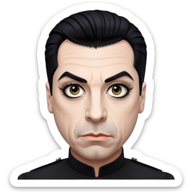 Till Lindemann, stern look, short dark hair, stage makeup sticker