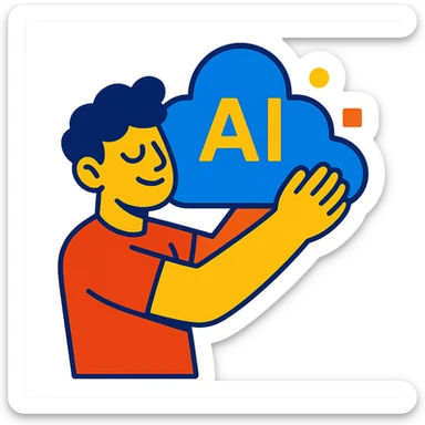 person with arms around a floating data cloud representing AI sticker