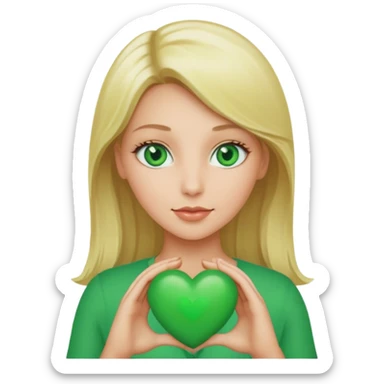 Create a blonde less angelic women with green eyes holding a green hearth sticker