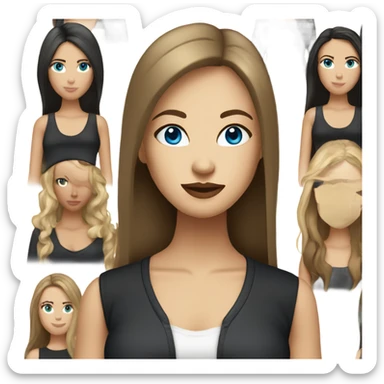 entire, white woman with straight long mid hair, dark brown hair, blue eyes, round face, uni-lips, wearing a black outfit, stylish. sticker