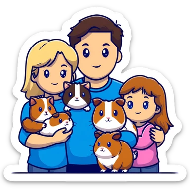 Family portrait with father with dark brown hair and blue eyes, mother with light brown hair and blue eyes, three blonde little girls with blue eyes, plus a cat and two guinea pigs sticker