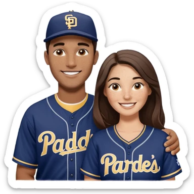 *White* Smiling couple. Woman has big cheeks and a lot of freckles on the nose. long brown hair. Man has black and very short hair and prominent eyebrows with egipcian nose. Both are wearing “Los Padres” baseball jerseys and with a sign that says “Go Padres!” sticker