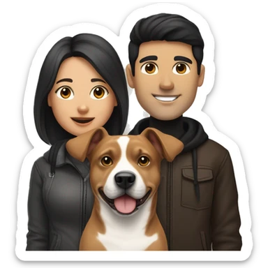 Create an emoji-style image of a young couple: a woman with dark brown hair and a man with black hair. In front of them are two dogs: a small white-and-black dog with black spots on its face and a larger tan pitbull with a white patch on its chest. sticker