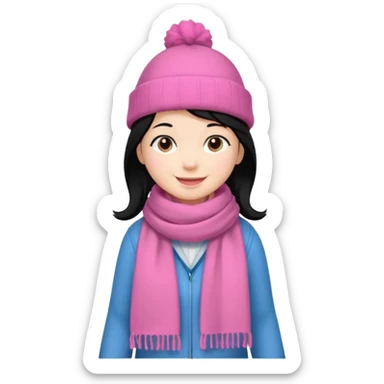Kid wearing pink hat and scarf, black hair, full body sticker