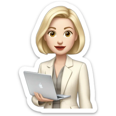 pale skin woman with ash blonde Straightened bob Hair, White Spacious classical jacket, beige palazzo Arrow pants and gray blouse holding a MacBook in the hands sticker