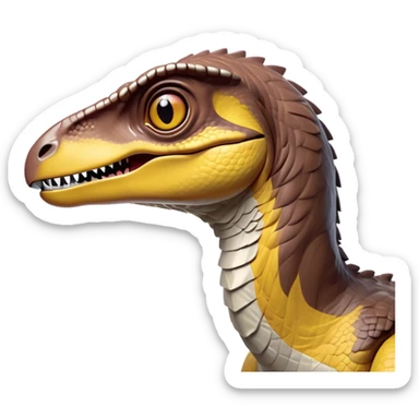 Cinematic Noble Velociraptor Portrait Emoji, Poised and agile, with a slender, streamlined build, sharp, cunning eyes, and a sleek snout hinting at predatory precision, Simplified yet sharply defined features, highly detailed, glowing with a cool, dynamic radiance, high shine, intelligent and swift, stylized with an air of agile prehistoric grace, focused and alert, soft glowing outline, capturing the essence of a watchful and confident Velociraptor that appears ready to dash out of the screen with effortless speed! sticker