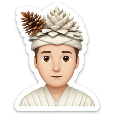 White guy with white gown and white pinecone on head sticker