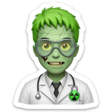 radioactive zombie scientist portrait, head and shoulders only, glowing toxic veins, cracked goggles, lab coat with radiation badge, sinister smile, 3D cartoon, mobile game icon style, clean background, no text, no watermark
 sticker
