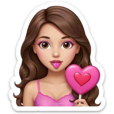 girl with long wavy brown hair, brown eyes, long lashes makeup, sexy pink lips, light to medium complexion, wearing a pink sexy top,, heart lillipop sticker