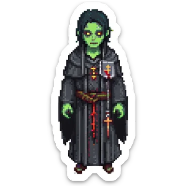 a zombie from the game DAYZ, A PRIEST WITH BLACK HAIR WEARING A BLACK ROBE sticker
