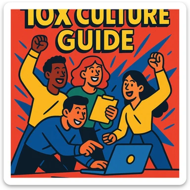 '10x culture guide' cover, dynamic team, bold colors, comic energy sticker
