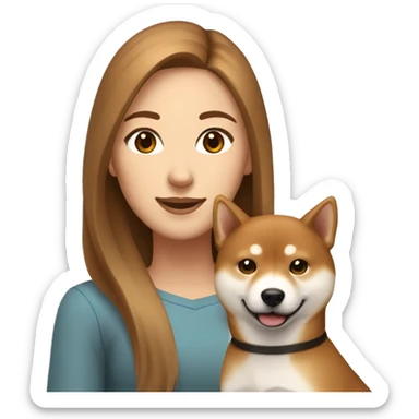 beautiful woman, straight long light brown hair, brown eyes smiling with dog Shiba Inu sticker