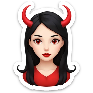 A girl's face with cheekbones, red skin, long black hair, small red horns, big lips sticker